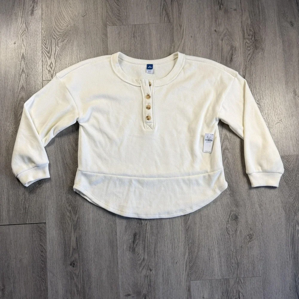 Old Navy Thermal Shirt Kids XL 14-16 White Waffle Knit Henley Long Sleeve